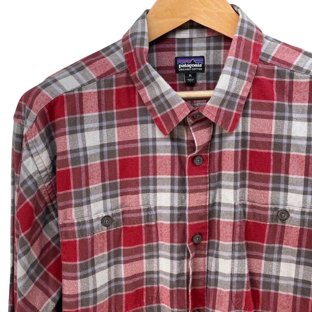 Patagonia Organic Cotton Plaid Flannel Shirt Men's XL Red Gray Long Sleeve